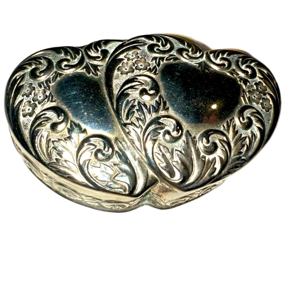 Godinger Double Heart Jewelry Trinket Box Vintage Silver Electroplated 1990s
